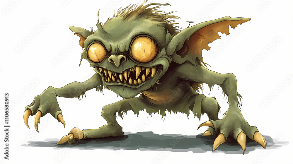 Fototapeta premium An evil halloween goblin, a mythological creature often depicted as small, deformed and evil, png image with transparent background. Mythic. Illustration