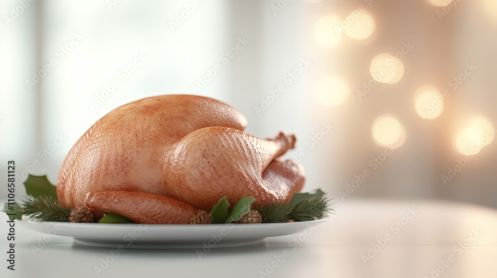 Roasted turkey on white plate with festive garnish. Roasted turkey on white plate with festive garnish.