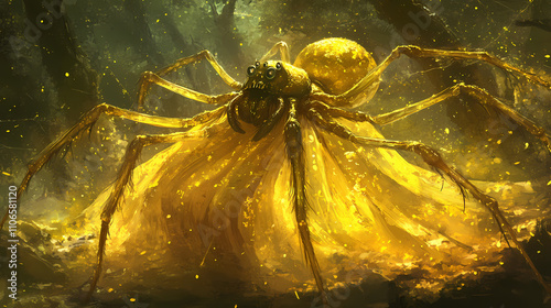 An illustration of arachne spider, dressed in yellow attire, mythic creature. Mythic. Illustration photo