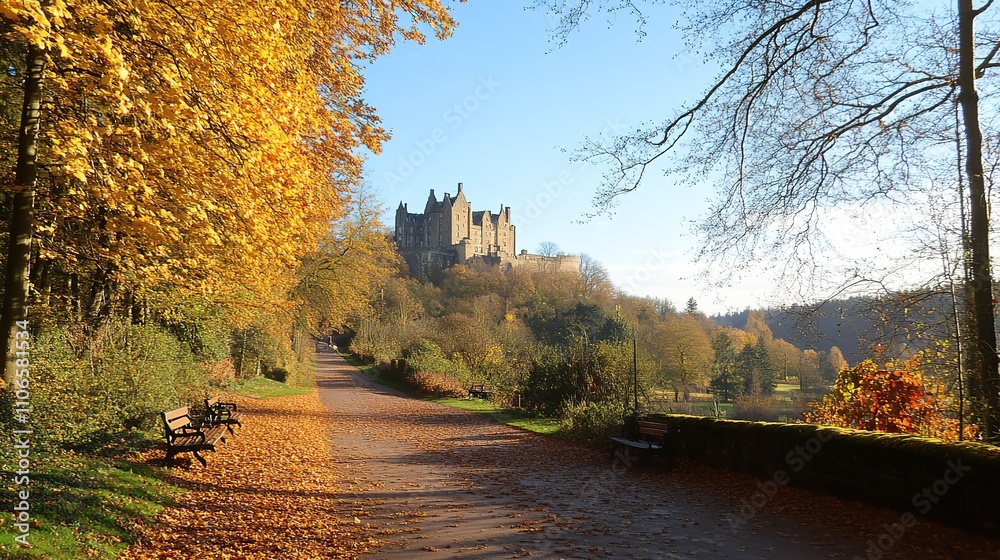 Obraz premium A sunny late autumn day in the park, with yellowing leaves scattered on the ground, benches lining the road, and a medieval castle standing in the distance, creating a picturesque and serene landscape