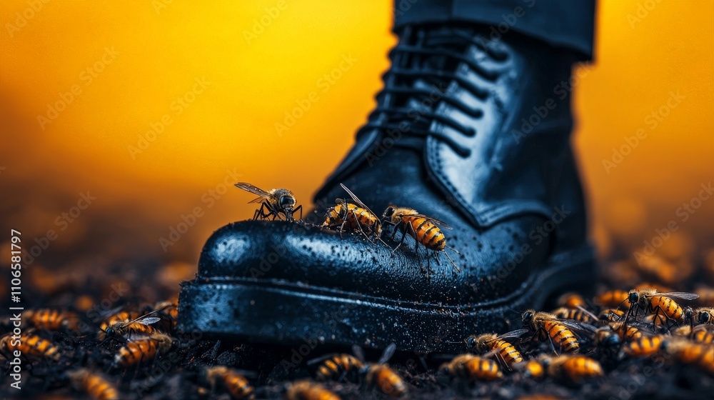Close-up of a black boot stepping on bees at sunset. Close-up of a black boot stepping on bees at sunset.