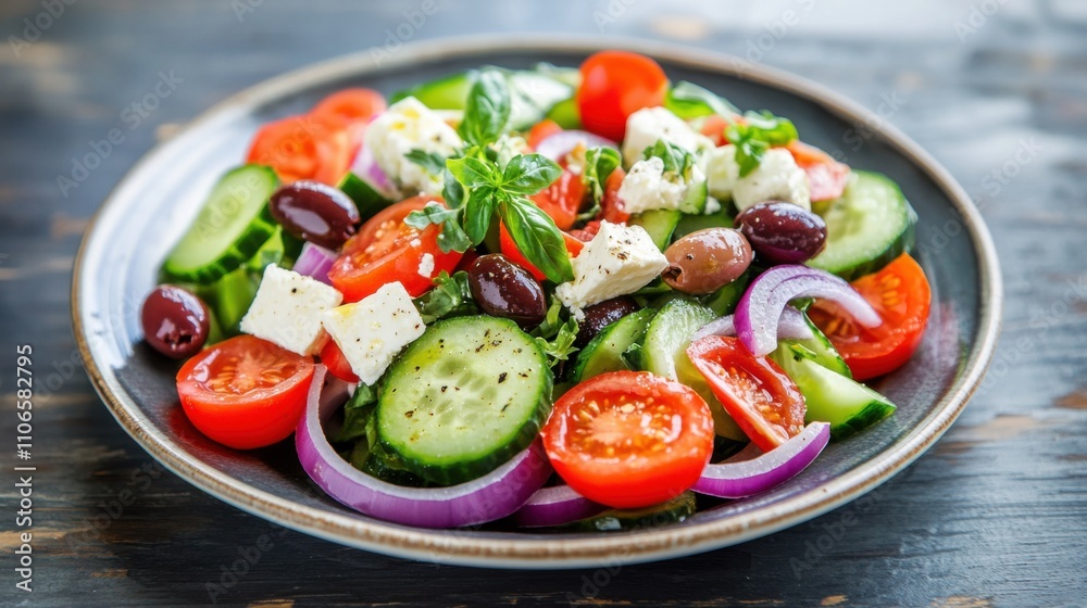 A colorful plate of Greek salad featuring ripe tomatoes, crisp cucumbers, briny Kalamata olives A colorful plate of Greek salad featuring ripe tomatoes, crisp cucumbers, briny Kalamata olives
