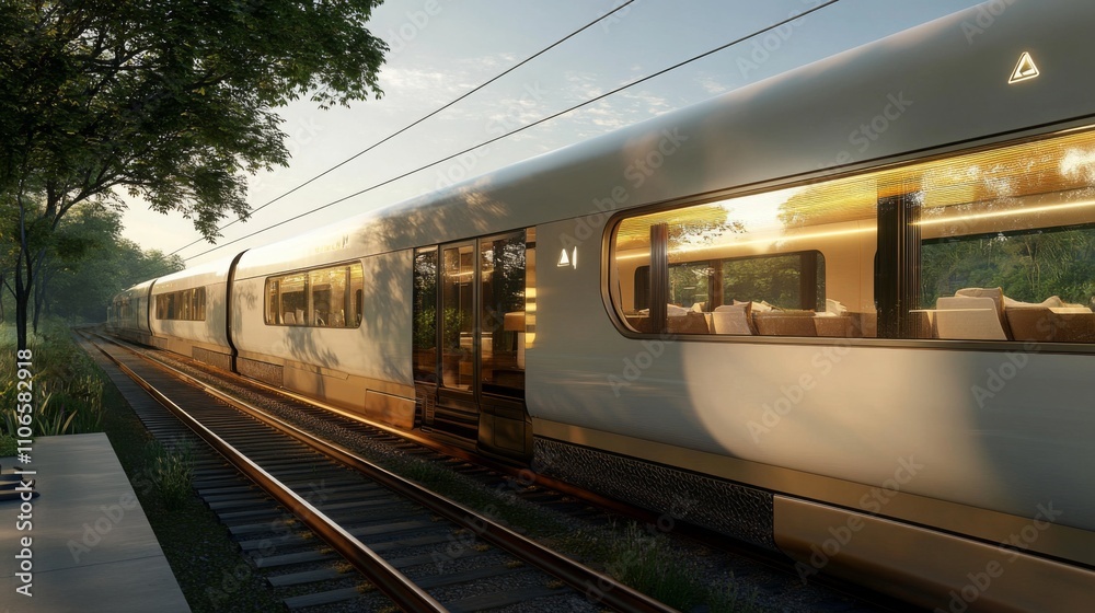 Fototapeta premium A sleek electric train travels along tracks bordered by lush greenery during golden hour, showcasing its contemporary design and comfortable interior visible through expansive windows.