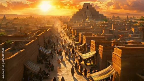 Sunrise over a Mesopotamian city, A bustling ancient city with ziggurats towering over the flat rooftops of mud-brick homes,