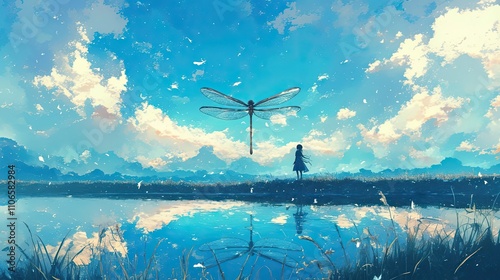 Girl Gazes at Giant Dragonfly Under a Blue Sky