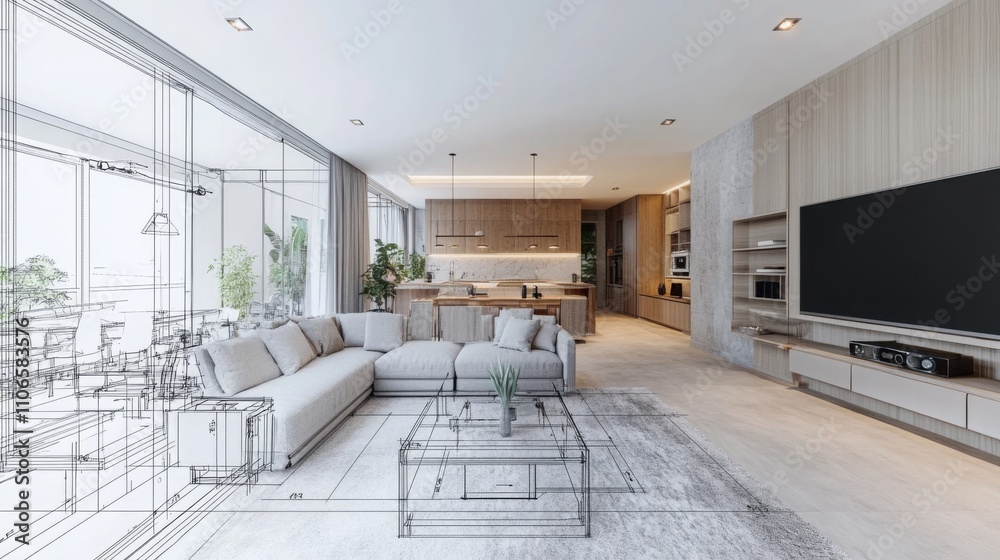 Fototapeta Interior design showcases a contemporary living area with a kitchen and sketch overlays illustrating design concepts. The use of natural light and minimalistic furniture enhances the open layout.