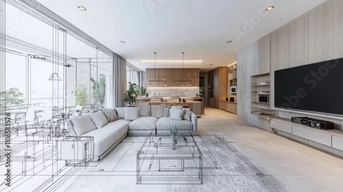 Obraz Interior design showcases a contemporary living area with a kitchen and sketch overlays illustrating design concepts. The use of natural light and minimalistic furniture enhances the open layout.