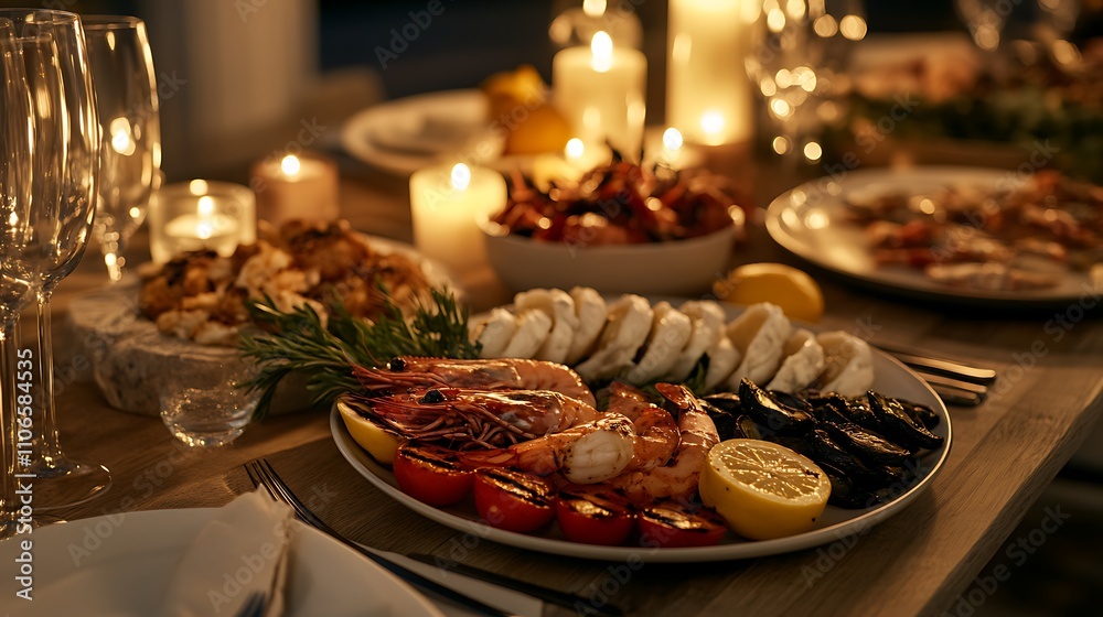A stylish dining table decorated with plates of fresh seafood, grilled vegetables, and a lemon garnish, with candles in the background 