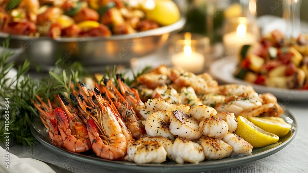A stylish dining table decorated with plates of fresh seafood, grilled vegetables, and a lemon garnish, with candles in the background A stylish dining table decorated with plates of fresh seafood, grilled vegetables, and a lemon garnish, with candles in the background
