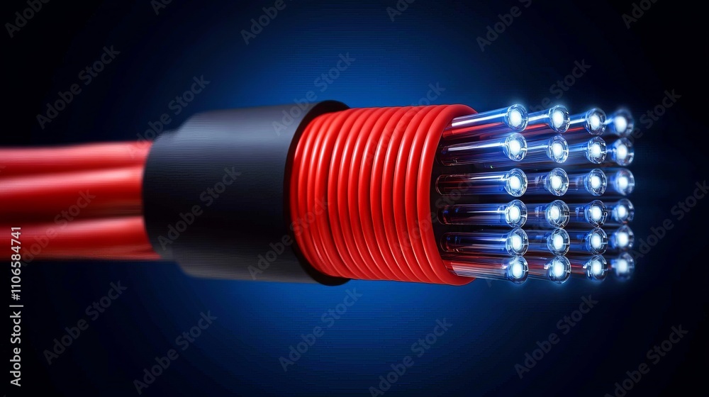Illuminated fiber optic broadband cables in a sleek technology setting high-definition close-up view for modern connectivity Illuminated fiber optic broadband cables in a sleek technology setting high-definition close-up view for modern connectivity
