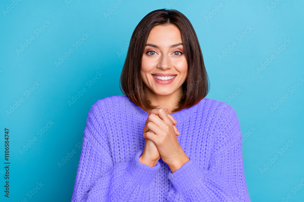 Portrait of attractive delighted cheerful girl enjoying anticipate isolated over bright blue color background Portrait of attractive delighted cheerful girl enjoying anticipate isolated over bright blue color background