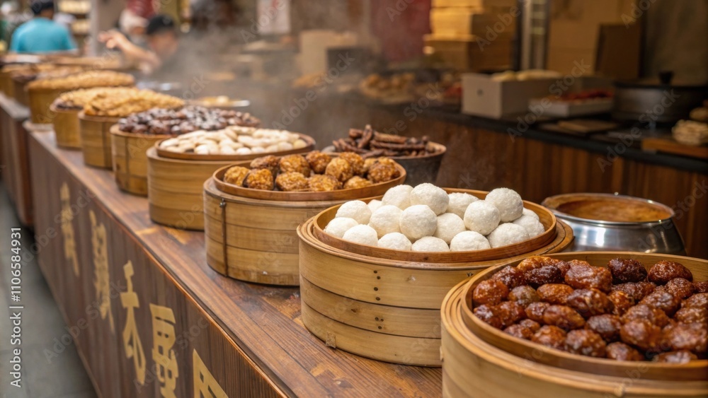 Fototapeta premium Traditional Snacks and Treats A row of tables laden with traditional snacks such as candied nuts sesame balls and rice cakes each beautifully arranged in bamboo steamers or
