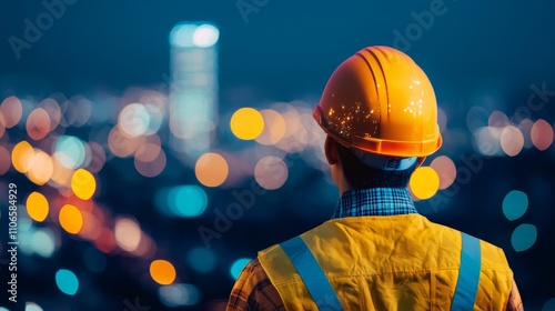 Technician installing glowing fiber optic cables at night in urban landscape action shot technology and infrastructure concept