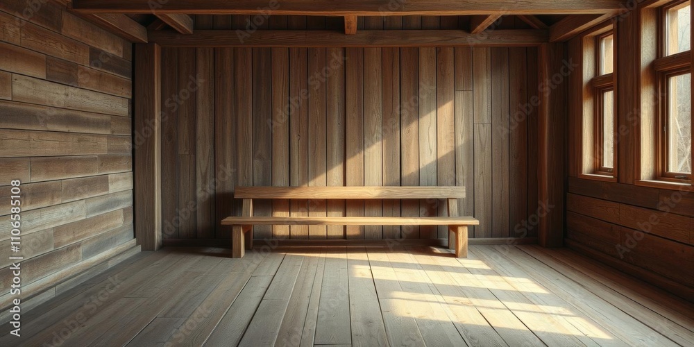An empty room with a rustic wooden bench against a blank wall, rustic, vintage, design An empty room with a rustic wooden bench against a blank wall, rustic, vintage, design