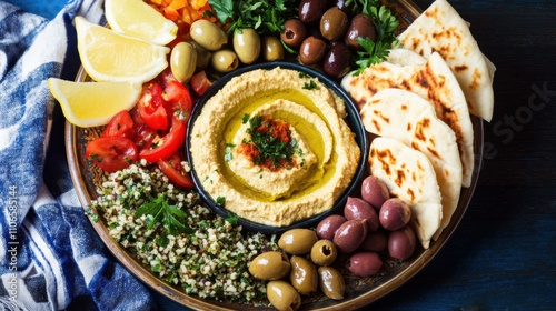 A colorful plate of Mediterranean mezze platter featuring hummus, tabbouleh, falafel photo