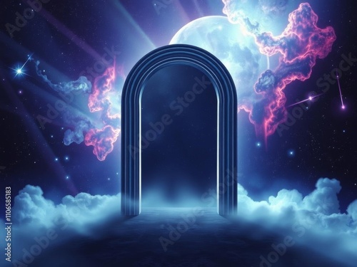 An open doorway revealing a surreal space scene with planets, stars, and galaxies, surreal, fantasy, mysterious photo