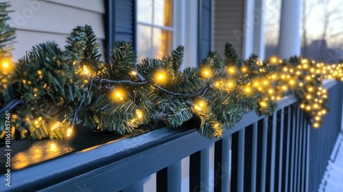 Soft yellow fairy lights intertwined in a Christmas garland draped along a front porch railing