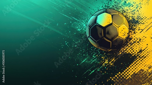 Abstract Soccer Ball Design with Dynamic Colors of Green and Yellow Featuring Splashes and Brush Strokes for Sports-Themed Graphics and Backgrounds