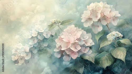 Wallpaper Mural Delicate watercolor painting of hydrangeas in soft pastel tones with green foliage, showcasing serene floral beauty, AI-generated Torontodigital.ca