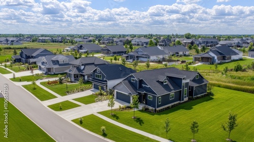 Aerial view of a residential neighborhood with houses, lawns, and streets on a sunny day.