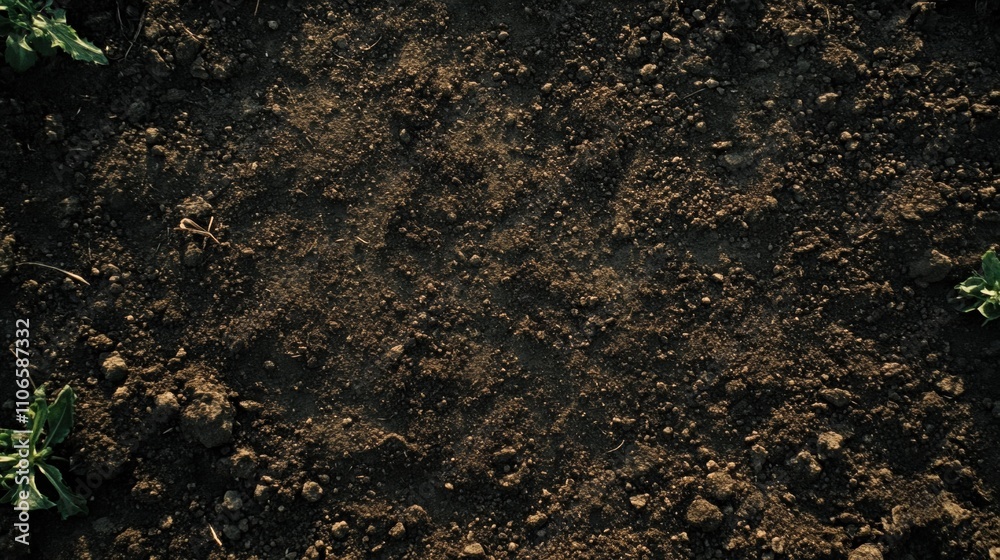 Rich Brown Soil with Small Rocks and Green Plant Life Surrounding for Agriculture, Gardening, and Environmental Themes in Natural Light Rich Brown Soil with Small Rocks and Green Plant Life Surrounding for Agriculture, Gardening, and Environmental Themes in Natural Light