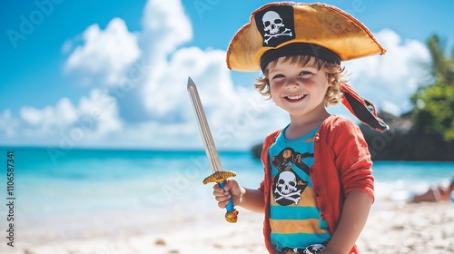 A cheerful young European boy with a pirate hat and toy sword is having fun on a sunny tropical beach embodying the spirit of adventure and imagination