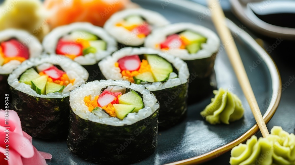 A colorful plate of vegetable sushi rolls filled with avocado, cucumber, and pickled radish A colorful plate of vegetable sushi rolls filled with avocado, cucumber, and pickled radish