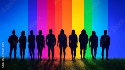 Silhouettes of people stand against a vibrant rainbow background, symbolizing diversity, unity, and celebration.