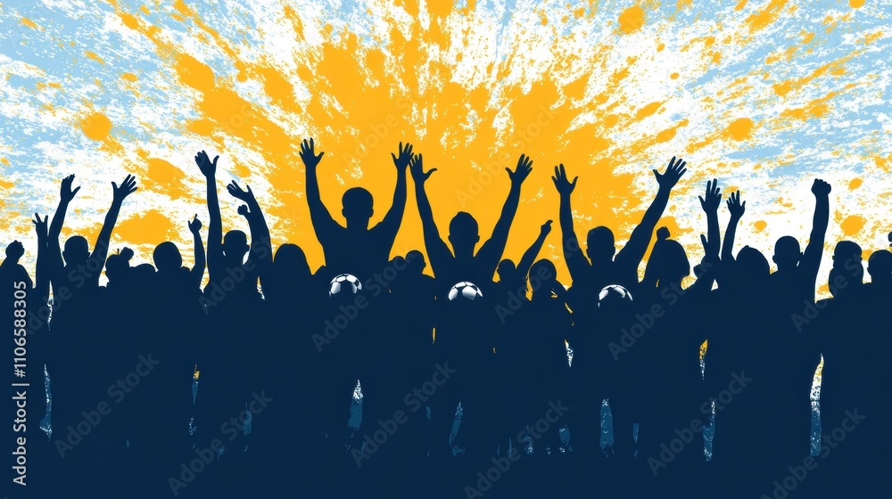 Excited Crowd of Silhouetted Fans Celebrating with Hands Raised Against a Vibrant Colorful Background of Splashes and Sunlight in a Festival Atmosphere Excited Crowd of Silhouetted Fans Celebrating with Hands Raised Against a Vibrant Colorful Background of Splashes and Sunlight in a Festival Atmosphere