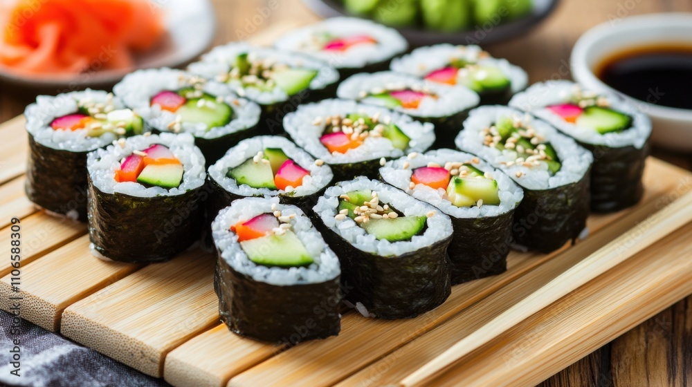 A colorful plate of vegetable sushi rolls filled with cucumber, avocado, and pickled radish A colorful plate of vegetable sushi rolls filled with cucumber, avocado, and pickled radish