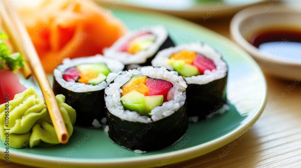A colorful plate of vegetable sushi rolls filled with avocado, cucumber, and pickled radish A colorful plate of vegetable sushi rolls filled with avocado, cucumber, and pickled radish