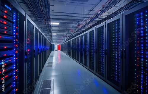 Data centers filled with rows and rows of servers as blinking light indicate constant processing photo