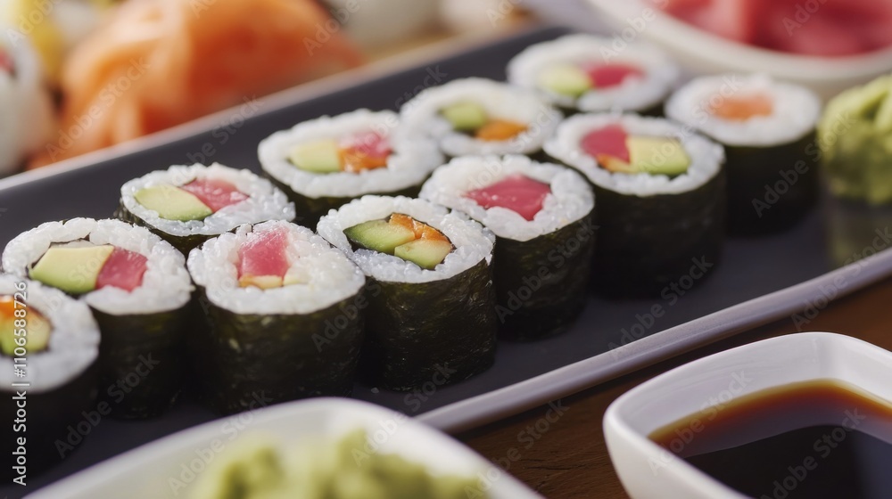 A colorful plate of vegetarian sushi rolls filled with avocado, cucumber, and pickled radish A colorful plate of vegetarian sushi rolls filled with avocado, cucumber, and pickled radish