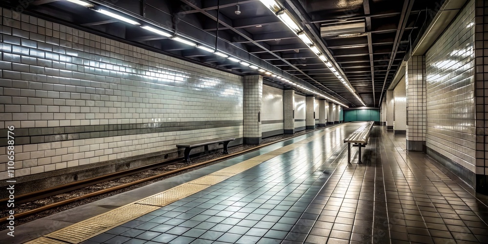 Obraz premium A lone bench sits in the center of a tiled subway corridor, bathed in the soft glow of overhead fluorescent lights, awaiting the arrival of passengers.