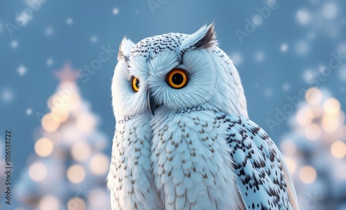 owl christmas Snowy owl, perched with christmas lights, majestic and festive, watercolor style  animal, decoration, season, bird photo