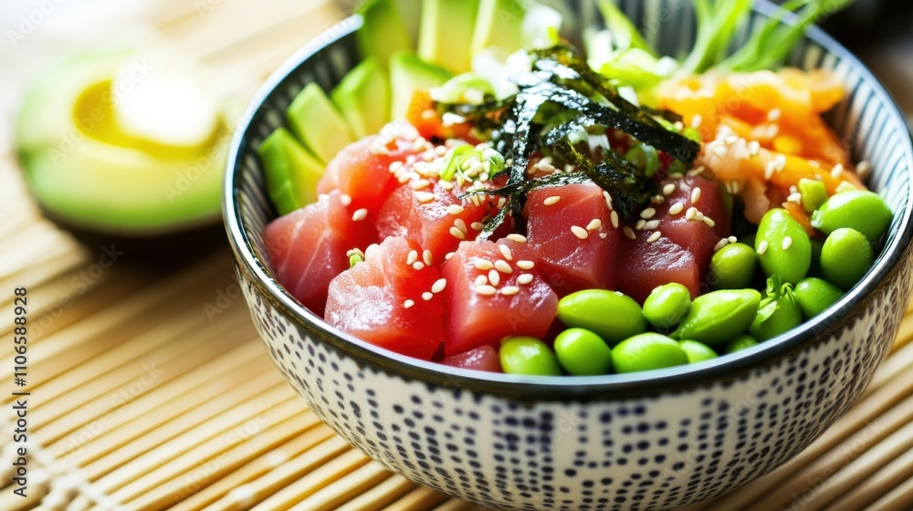 A colorful poke bowl filled with cubed raw fish, avocado, and edamame A colorful poke bowl filled with cubed raw fish, avocado, and edamame