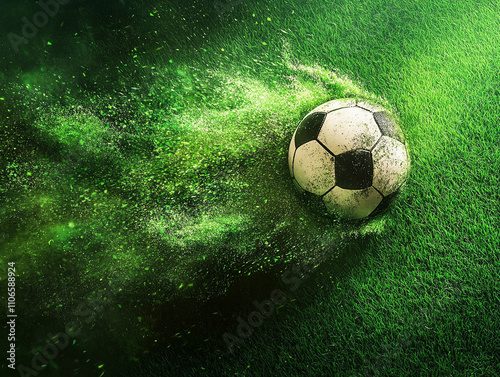Soccer ball in motion soccer field sports action shot vibrant green grass dynamic perspective ai generate impact