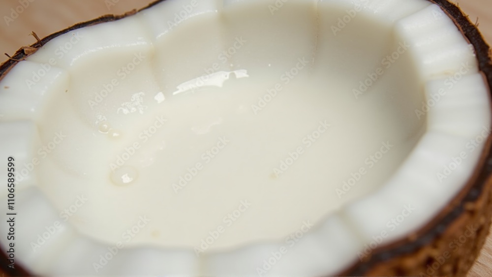Close-up of fresh coconut milk pouring into halved coconut, healthy vegan ingredient, tropical concept. Generative, AI. Close-up of fresh coconut milk pouring into halved coconut, healthy vegan ingredient, tropical concept. Generative, AI.
