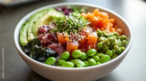 A colorful poké bowl filled with marinated tuna, salmon, and octopus