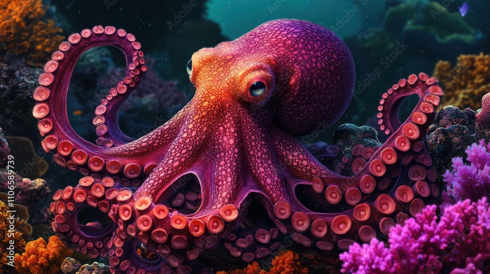 Obraz premium A large, colorful octopus is swimming in a coral reef