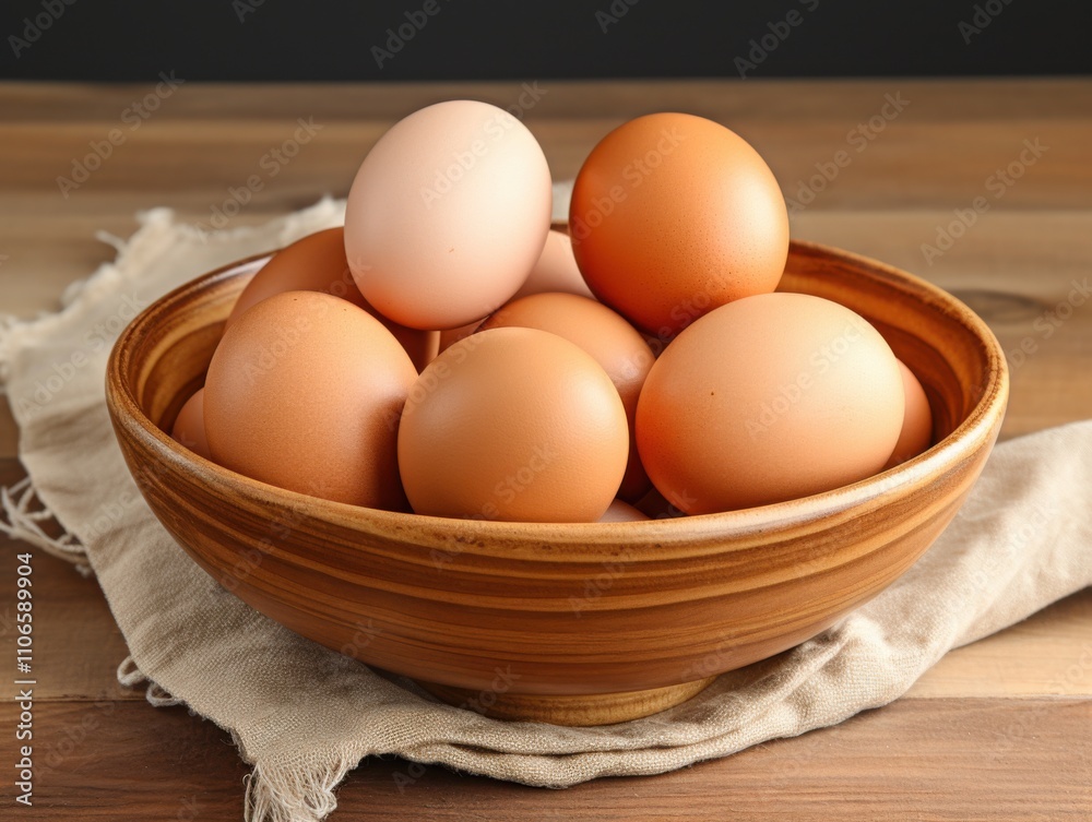 Brown Chicken Eggs in Wooden Bowl on Rustic Table Brown Chicken Eggs in Wooden Bowl on Rustic Table
