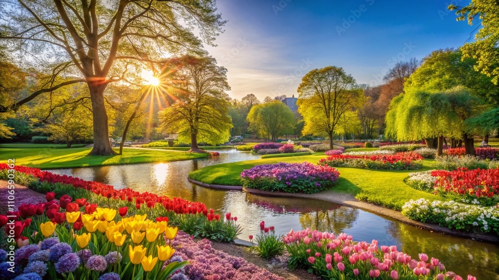 Obraz premium Bokeh Effect of Planten un Blomen Park in Hamburg, Germany, Capturing Late Spring Vibrance on a Sunny Day with Lush Greenery and Colorful Blooms