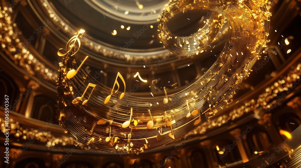 A swirling display of golden musical notes in an ornate setting, symbolizing creativity and harmony. A swirling display of golden musical notes in an ornate setting, symbolizing creativity and harmony.