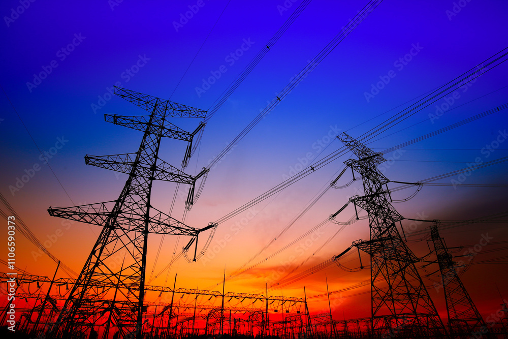 Fototapeta premium Pylon, high-voltage tower sky background.