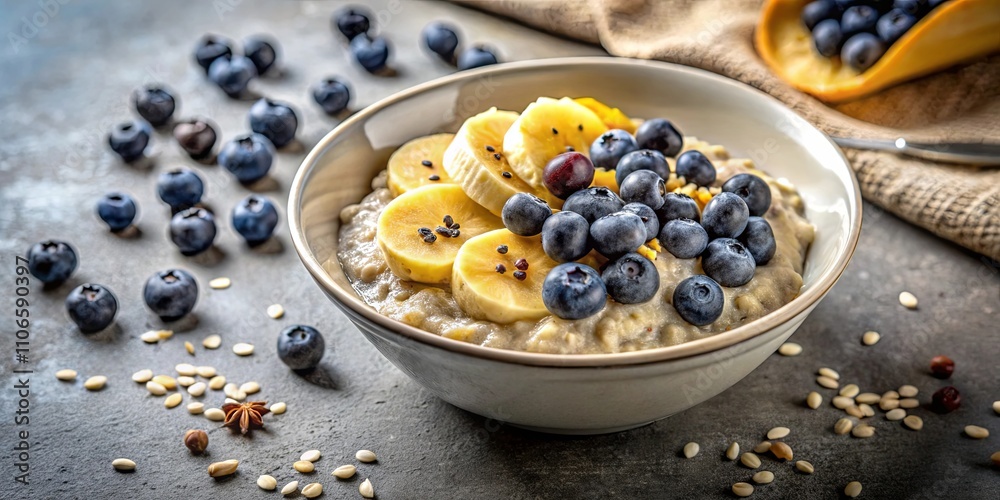 A bowl of creamy porridge topped with sliced banana and blueberries, sprinkled with sesame seeds, a natural and wholesome breakfast A bowl of creamy porridge topped with sliced banana and blueberries, sprinkled with sesame seeds, a natural and wholesome breakfast