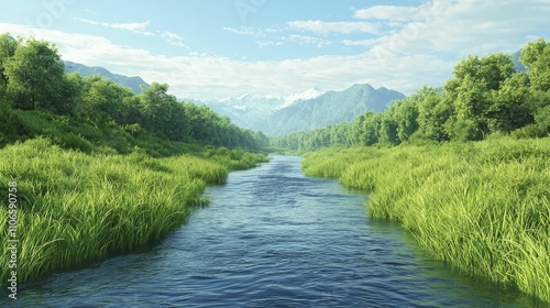 Flowing river ecosystem showcasing biodiversity and water quality analysis photo