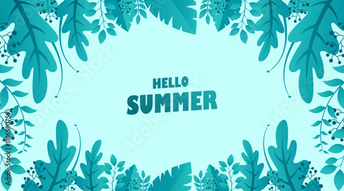 Hello summer Background with leaves and flowers. Tropical leaves background. Summer holiday banner with tropical foliage
