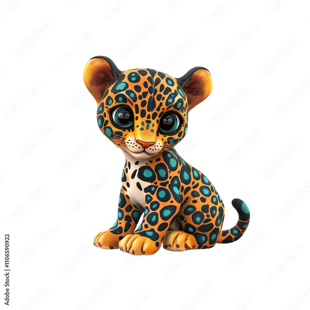 Adorable Cartoon Jaguar Cub Sitting on White Background Adorable Cartoon Jaguar Cub Sitting on White Background