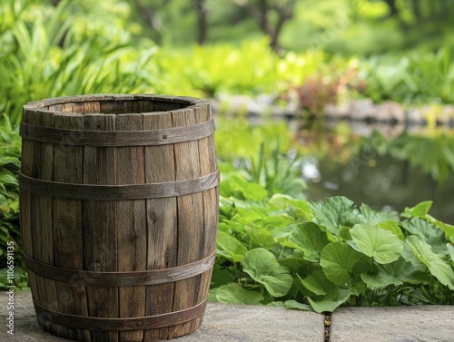 Rainwater harvesting barrel, rustic chic style, reclaimed wood, front view focus, with serene pond and native plants in the background.