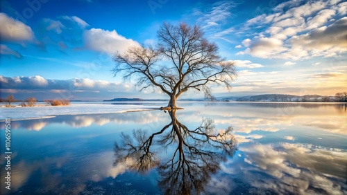 A Solitary Tree Stands Tall, Mirrored in Still Waters, Under a Sky Painted with Clouds of Whispering White and Azure Blue